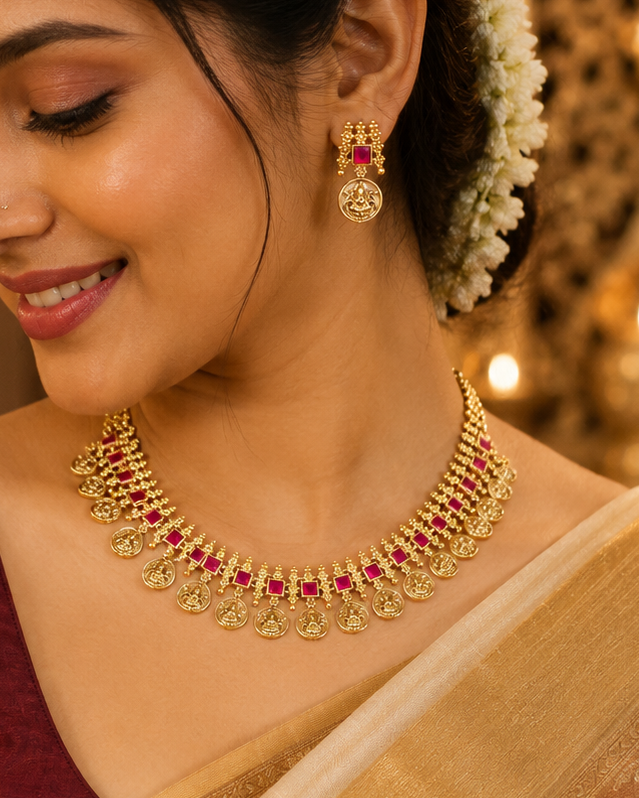 Antique Gold Lakshmi Coin Choker Necklace Set with Ruby Square Stones | ONK207