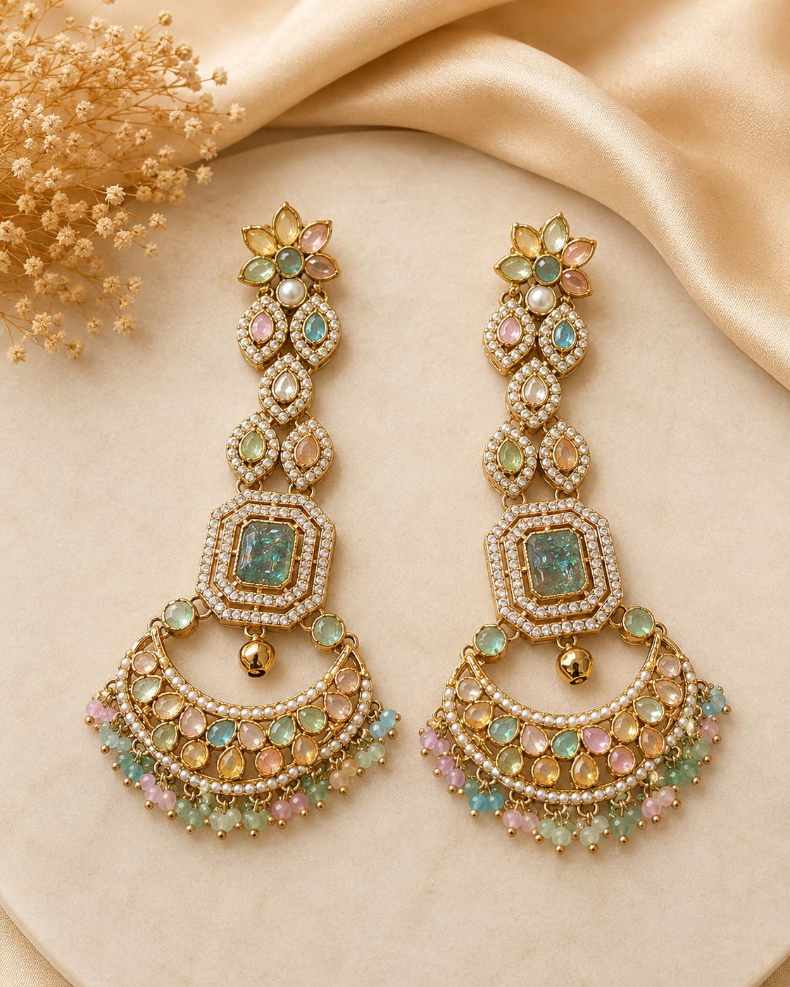 Gold Pastel Polki Chandbali Earrings with Emerald | OLT166