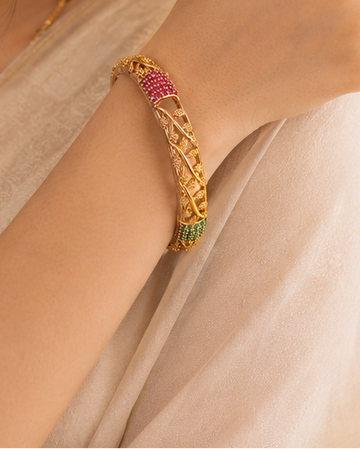 Gold Open Lattice Vine Bangle with Ruby CZ Cluster Top & Emerald CZ Base | ONK227