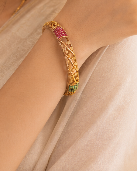 Gold Open Lattice Vine Bangle with Ruby CZ Cluster Top & Emerald CZ Base | ONK227