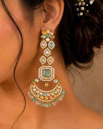 Gold Pastel Polki Chandbali Earrings with Emerald | OLT166