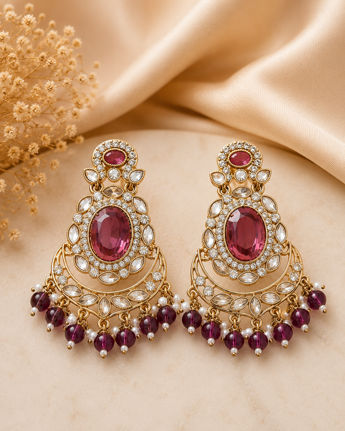 Gold light wine Oval Chandbali Earrings with Amethyst | OLT165