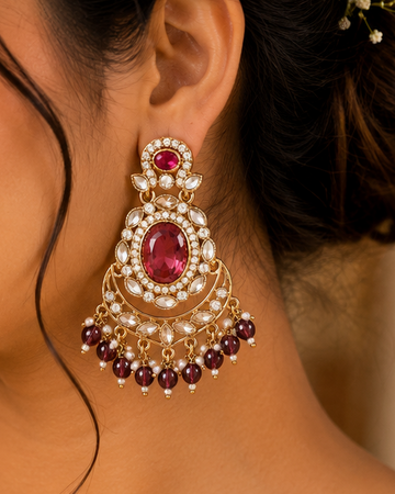 Gold light wine Oval Chandbali Earrings with Amethyst | OLT165