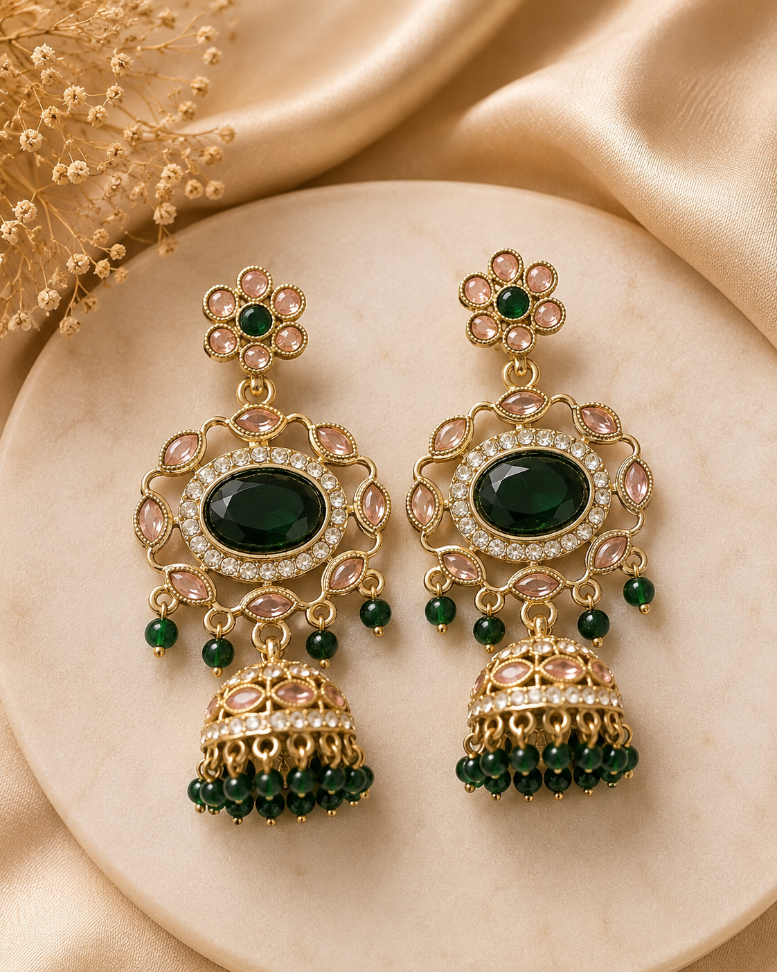 Gold Emerald Oval Chandbali Jhumka Earrings | OLT164