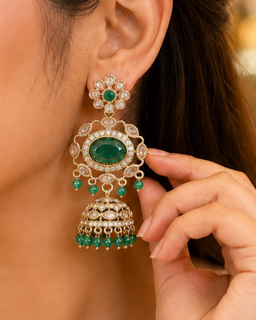 Gold Emerald Oval Chandbali Jhumka Earrings | OLT164
