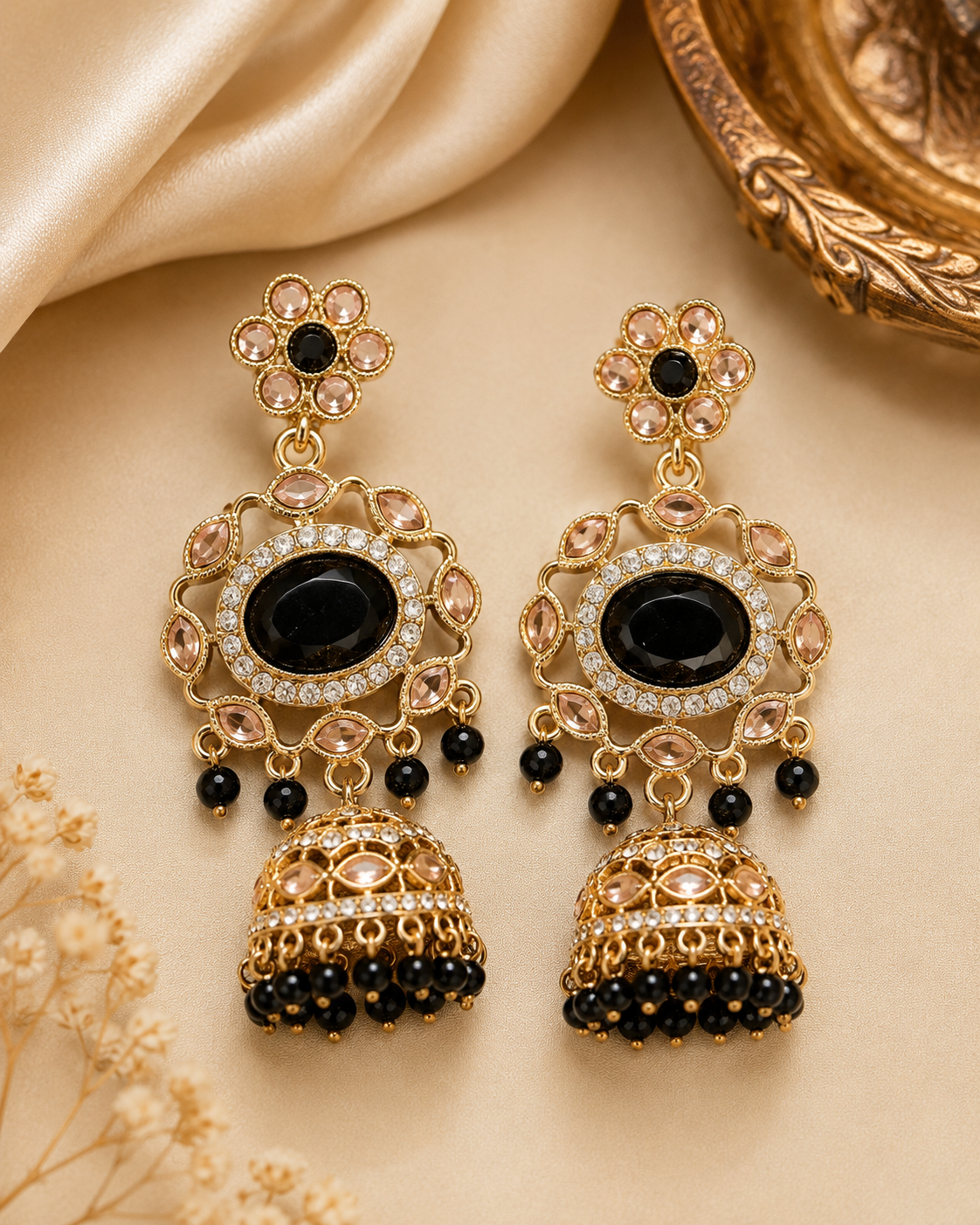 Gold Emerald Oval Chandbali Jhumka Earrings | OLT164