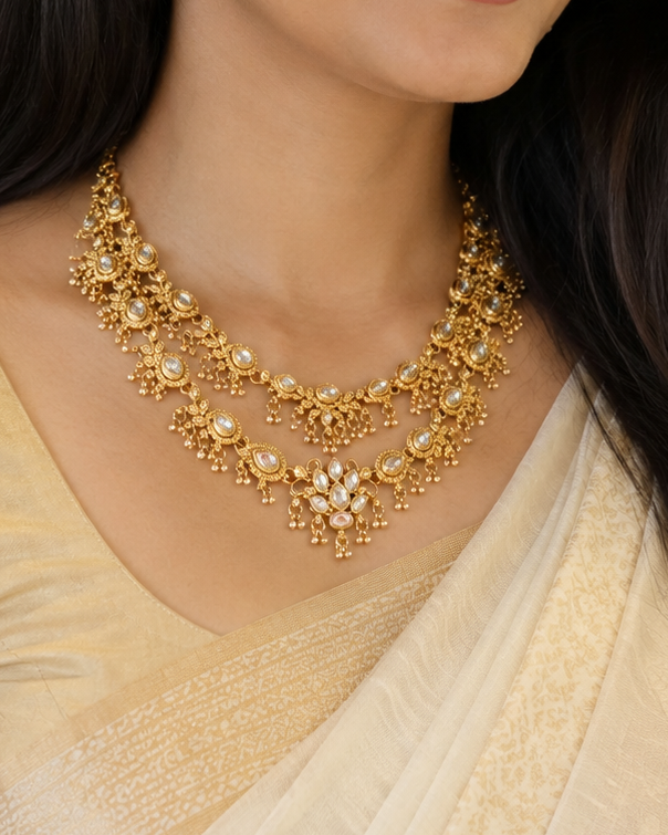 Antique Gold Polki Double Necklace Set with Oval Kundan Stones & Leaf Fringe | ONK201