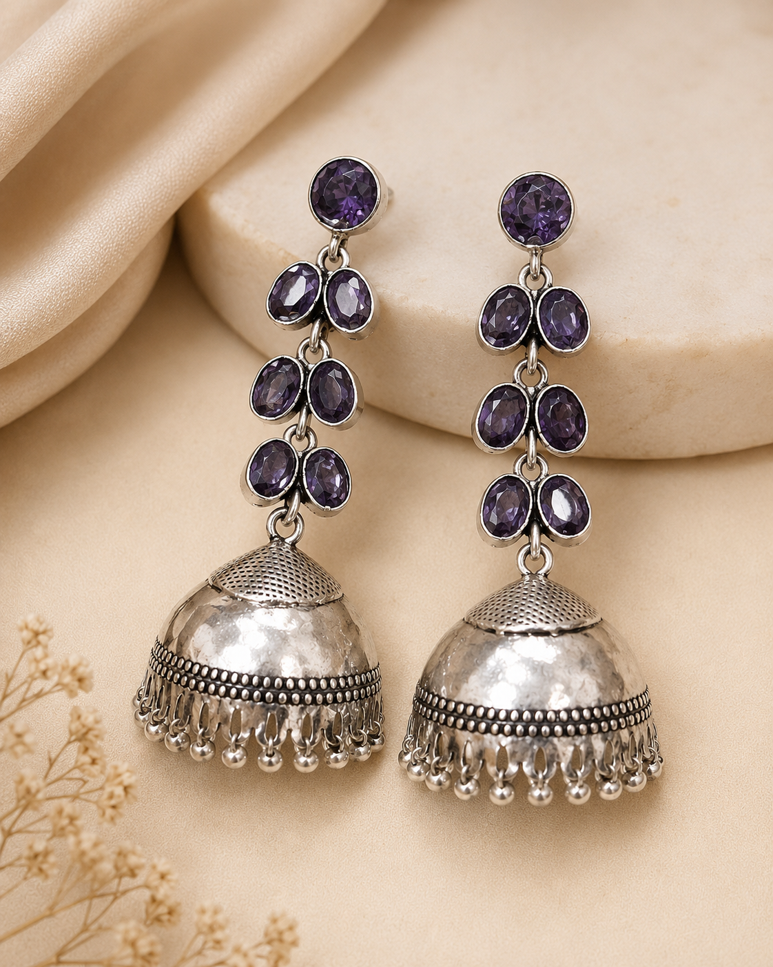 Oxidised Silver Amethyst Cascade Jhumka Earrings | OLT82