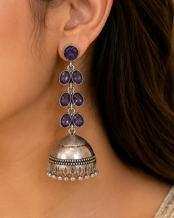 Oxidised Silver Amethyst Cascade Jhumka Earrings | OLT82