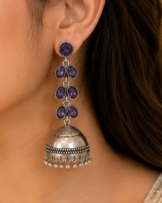 Oxidised Silver Amethyst Cascade Jhumka Earrings | OLT82