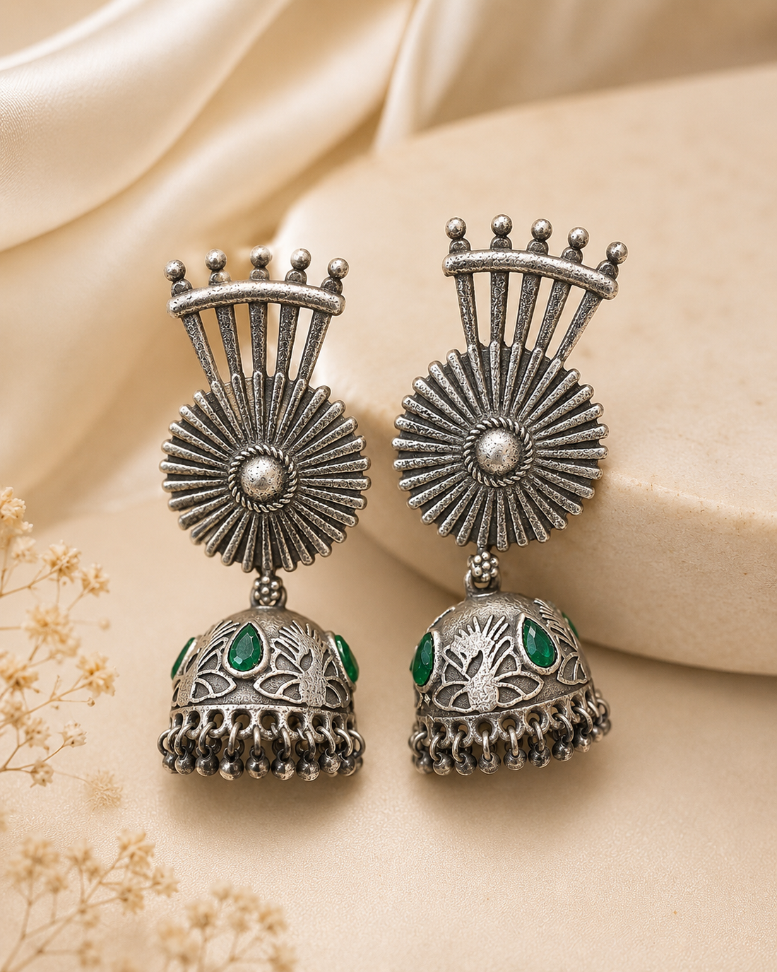 Oxidised Silver Sunburst Fan Jhumka Earrings | OLT80
