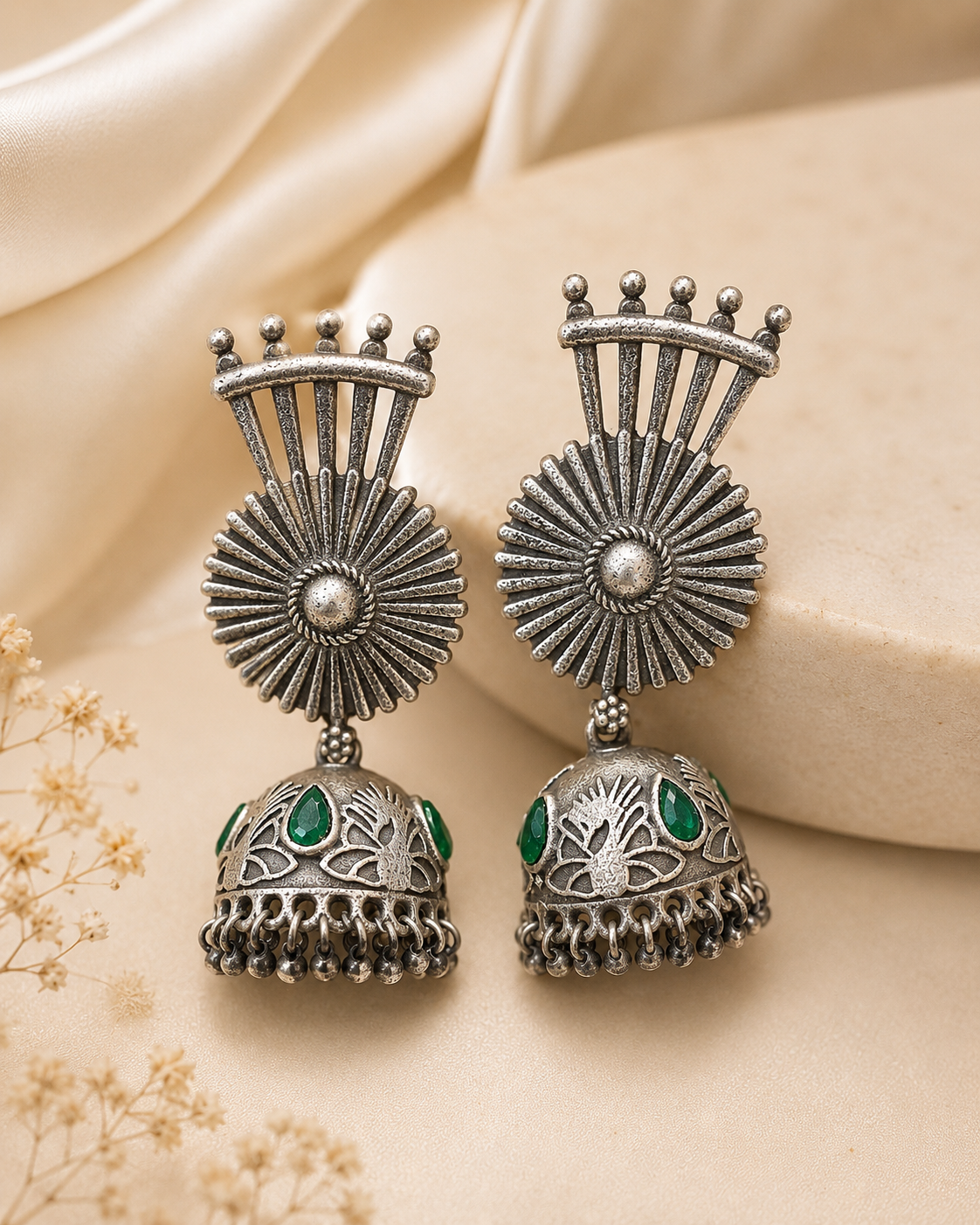 Oxidised Silver Sunburst Fan Jhumka Earrings | OLT80