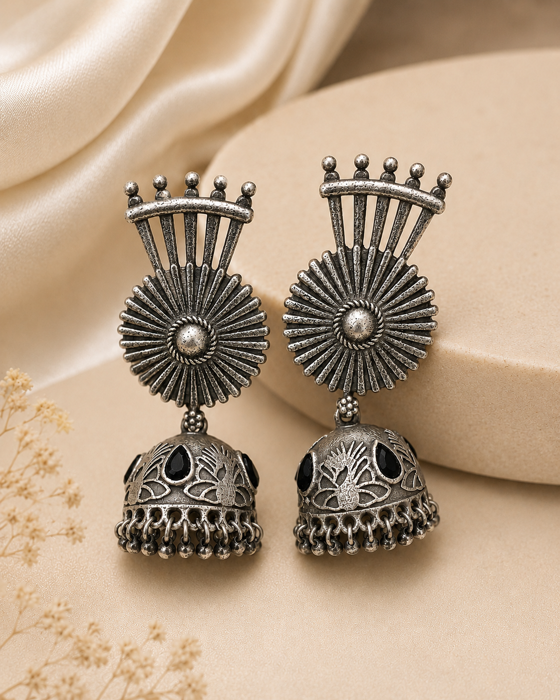Oxidised Silver Sunburst Fan Jhumka Earrings | OLT80