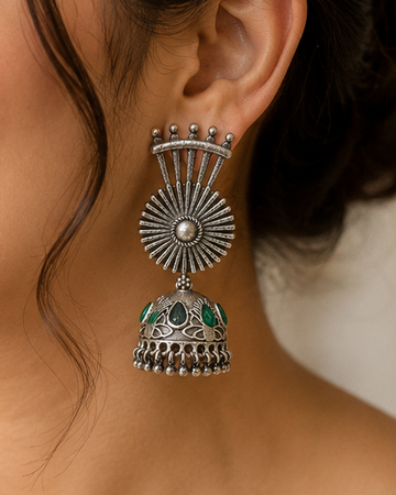 Oxidised Silver Sunburst Fan Jhumka Earrings | OLT80