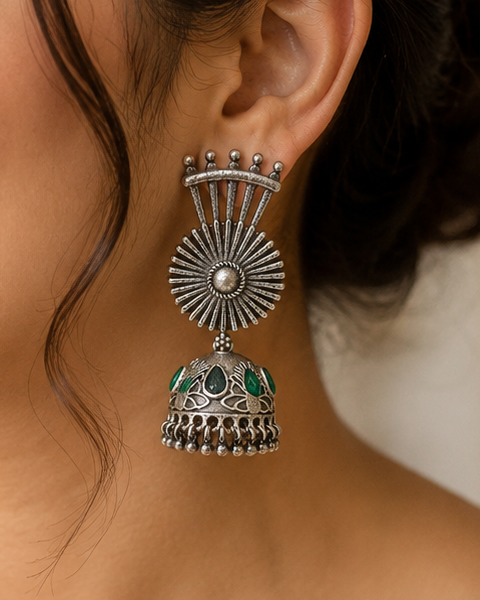 Oxidised Silver Sunburst Fan Jhumka Earrings | OLT80