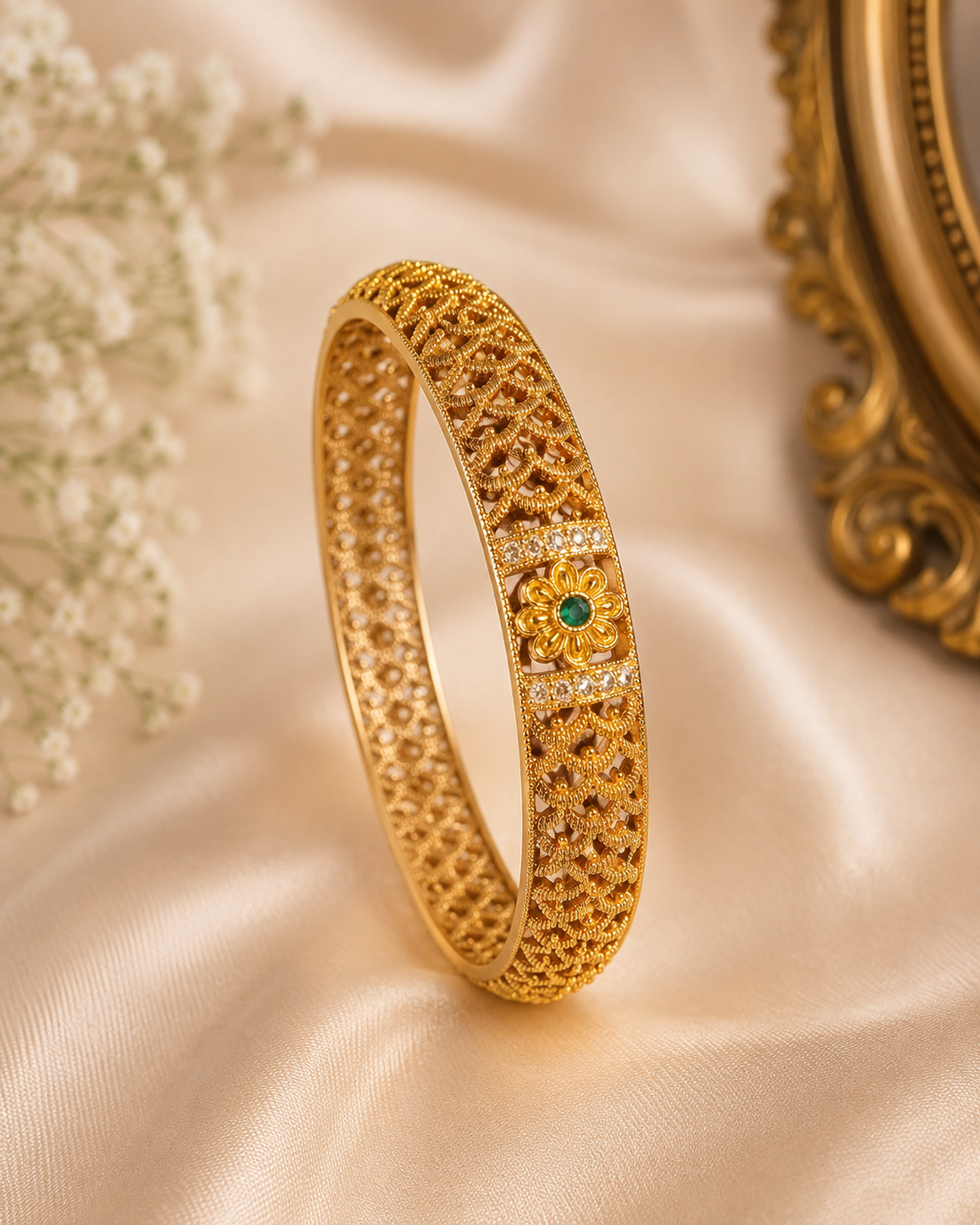 Gold Open Filigree Lattice Bangle with Emerald Centre Flower & CZ Accents | ONK226
