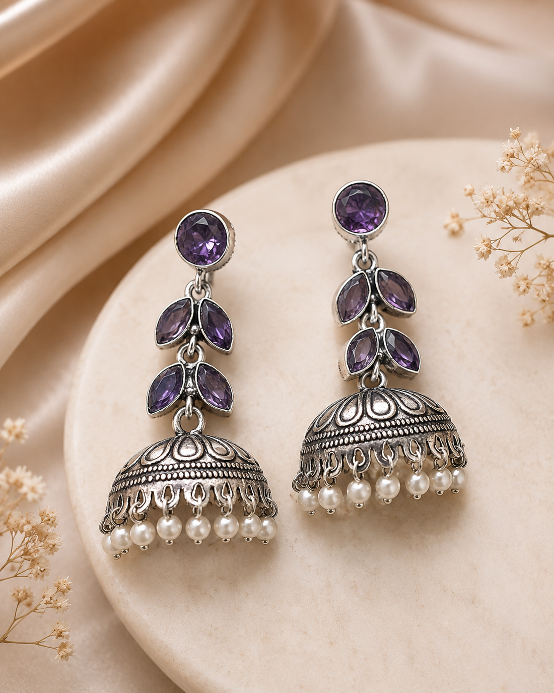 Oxidised Silver Amethyst Leaf Jhumka Earrings | OLT78