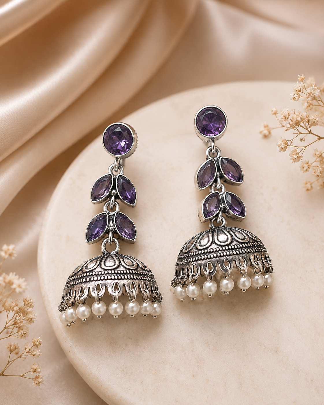 Oxidised Silver Amethyst Leaf Jhumka Earrings | OLT78