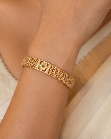 Gold Open Filigree Lattice Bangle with Emerald Centre Flower & CZ Accents | ONK226