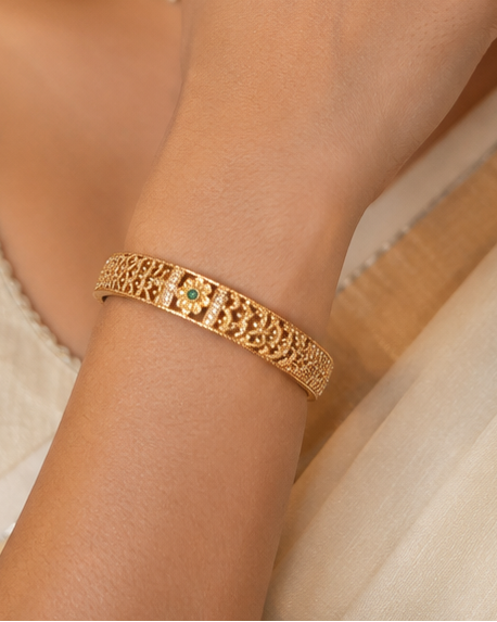 Gold Open Filigree Lattice Bangle with Emerald Centre Flower & CZ Accents | ONK226