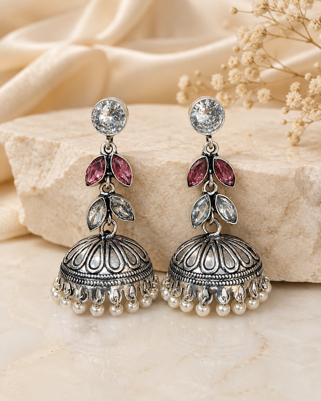 Oxidised Silver Amethyst Leaf Jhumka Earrings | OLT78