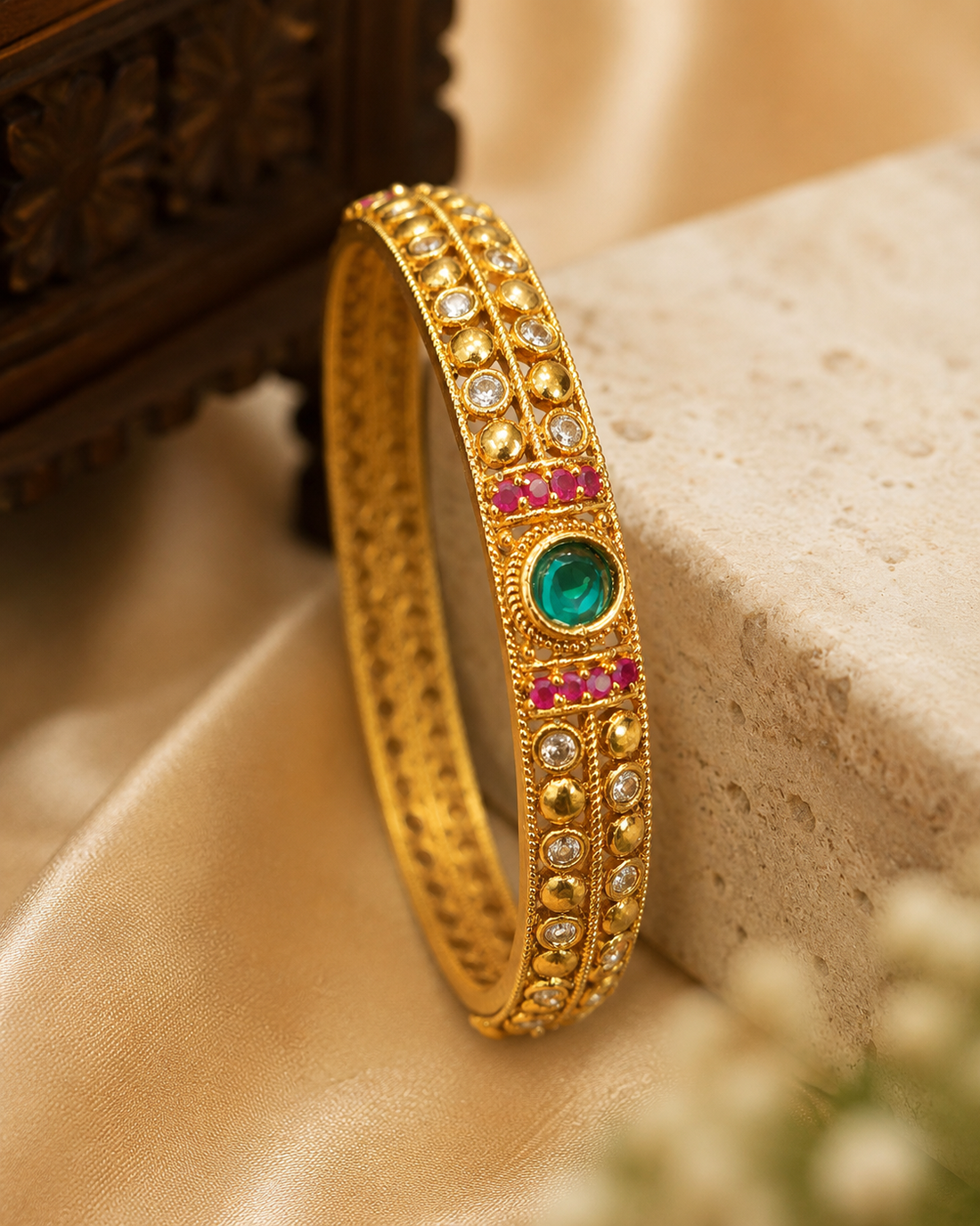 Gold Polki Granule Bangle with Ruby Square Band & Emerald Oval Centre Stone | ONK224