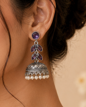 Oxidised Silver Amethyst Leaf Jhumka Earrings | OLT78