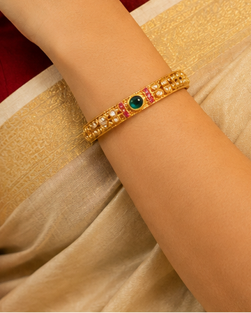 Gold Polki Granule Bangle with Ruby Square Band & Emerald Oval Centre Stone | ONK224