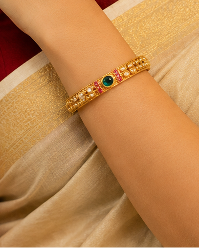 Gold Polki Granule Bangle with Ruby Square Band & Emerald Oval Centre Stone | ONK224