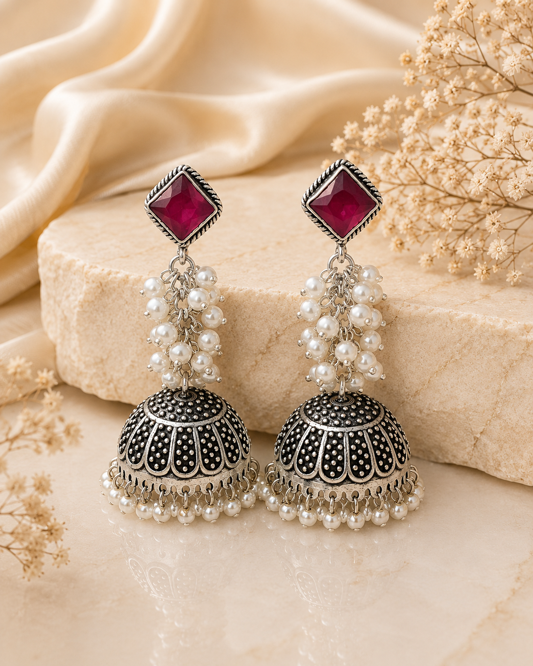 Oxidised Silver Ruby Square Jhumka Earrings with Pearls | OLT76