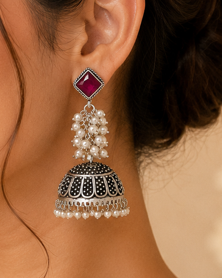 Oxidised Silver Ruby Square Jhumka Earrings with Pearls | OLT76