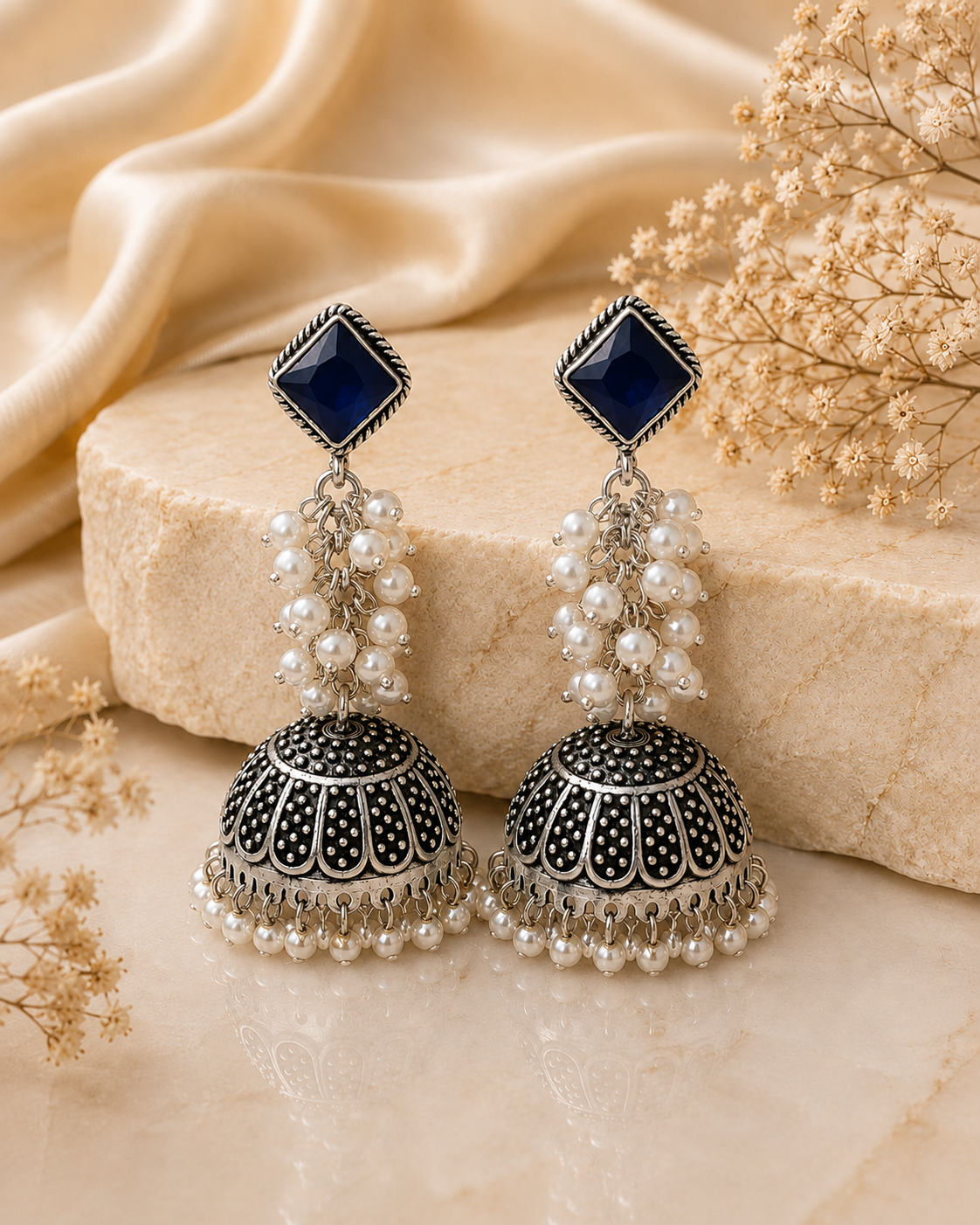 Oxidised Silver Ruby Square Jhumka Earrings with Pearls | OLT76
