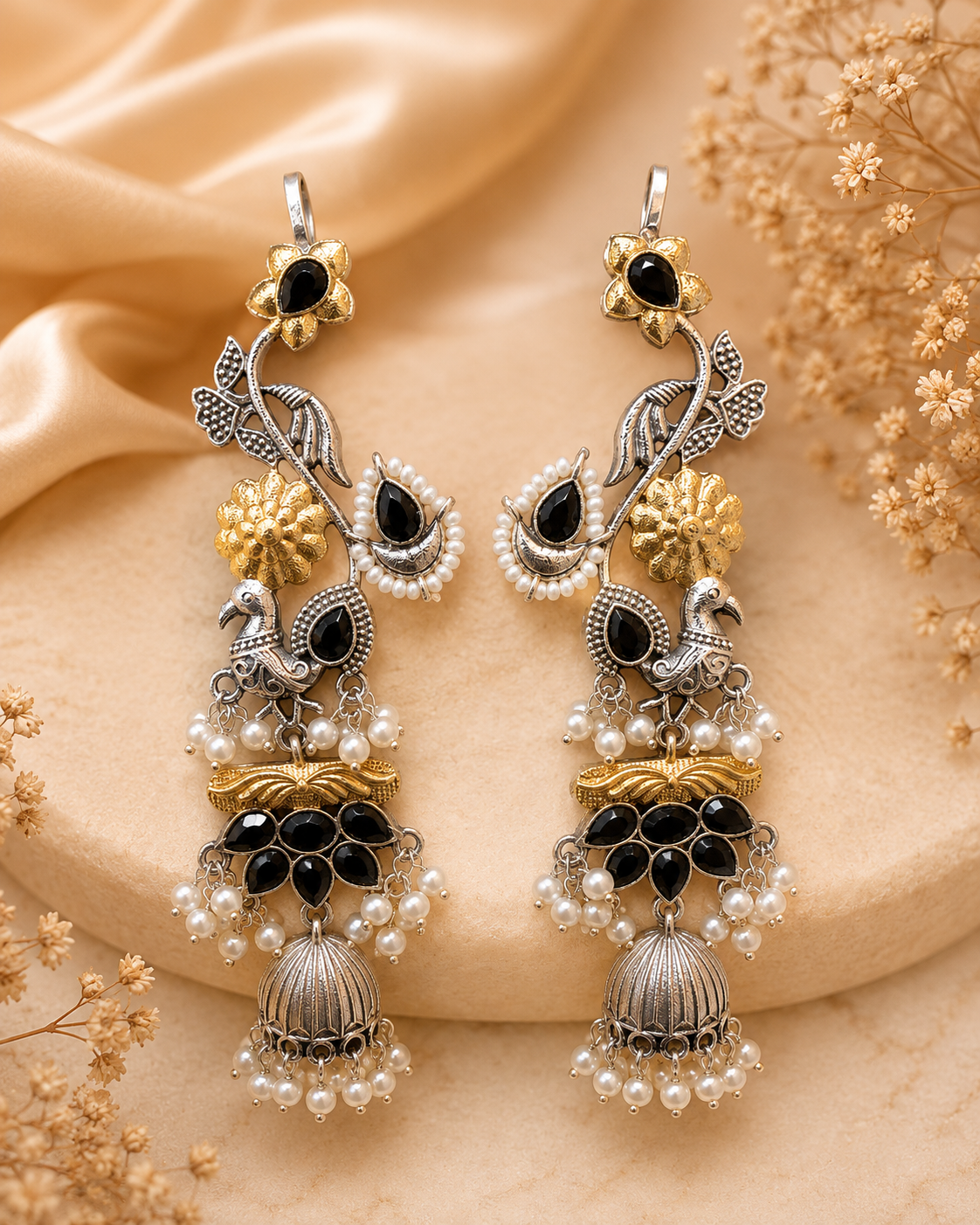 Dual Tone Peacock Floral Long Ear Cuff Jhumka Earrings | OLT75