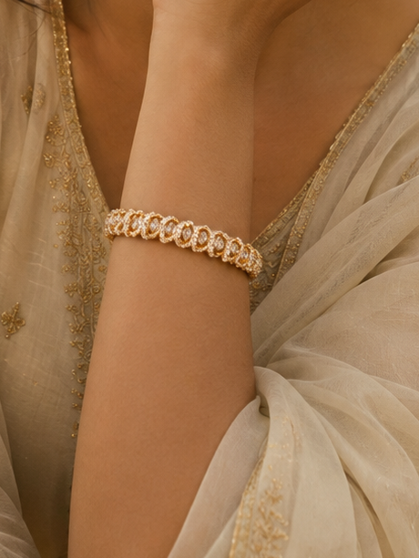 Gold CZ Marquise & Round Tennis Bracelet with CZ-Paved Arched Links | ONK225