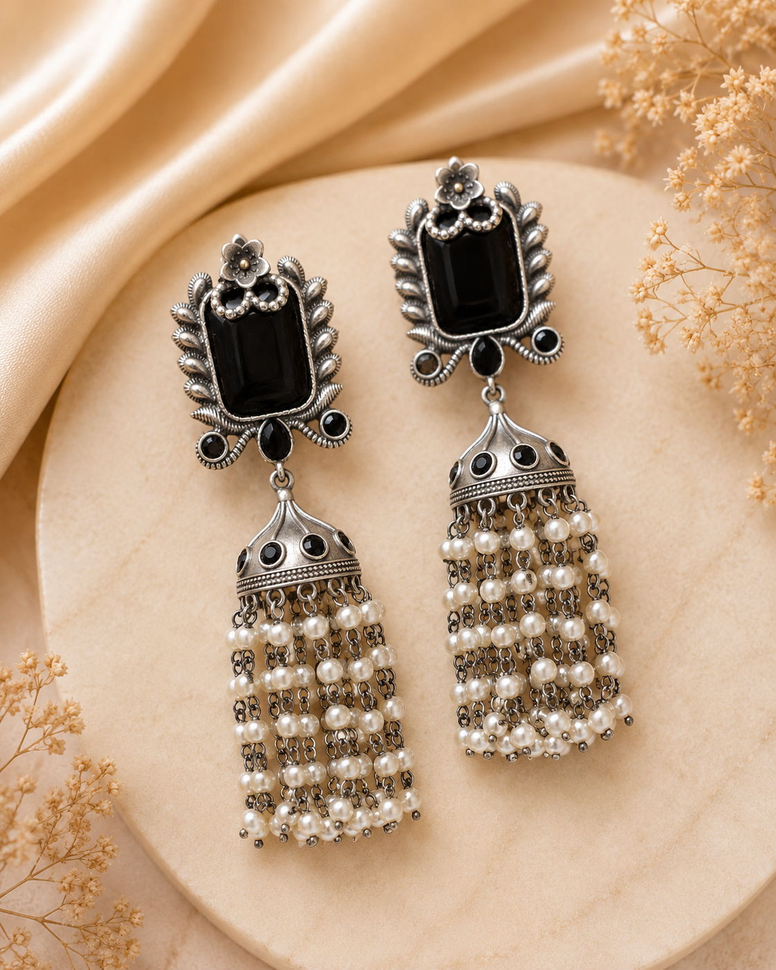 Oxidised Silver Black Onyx Pearl Tassel Earrings | OLT81