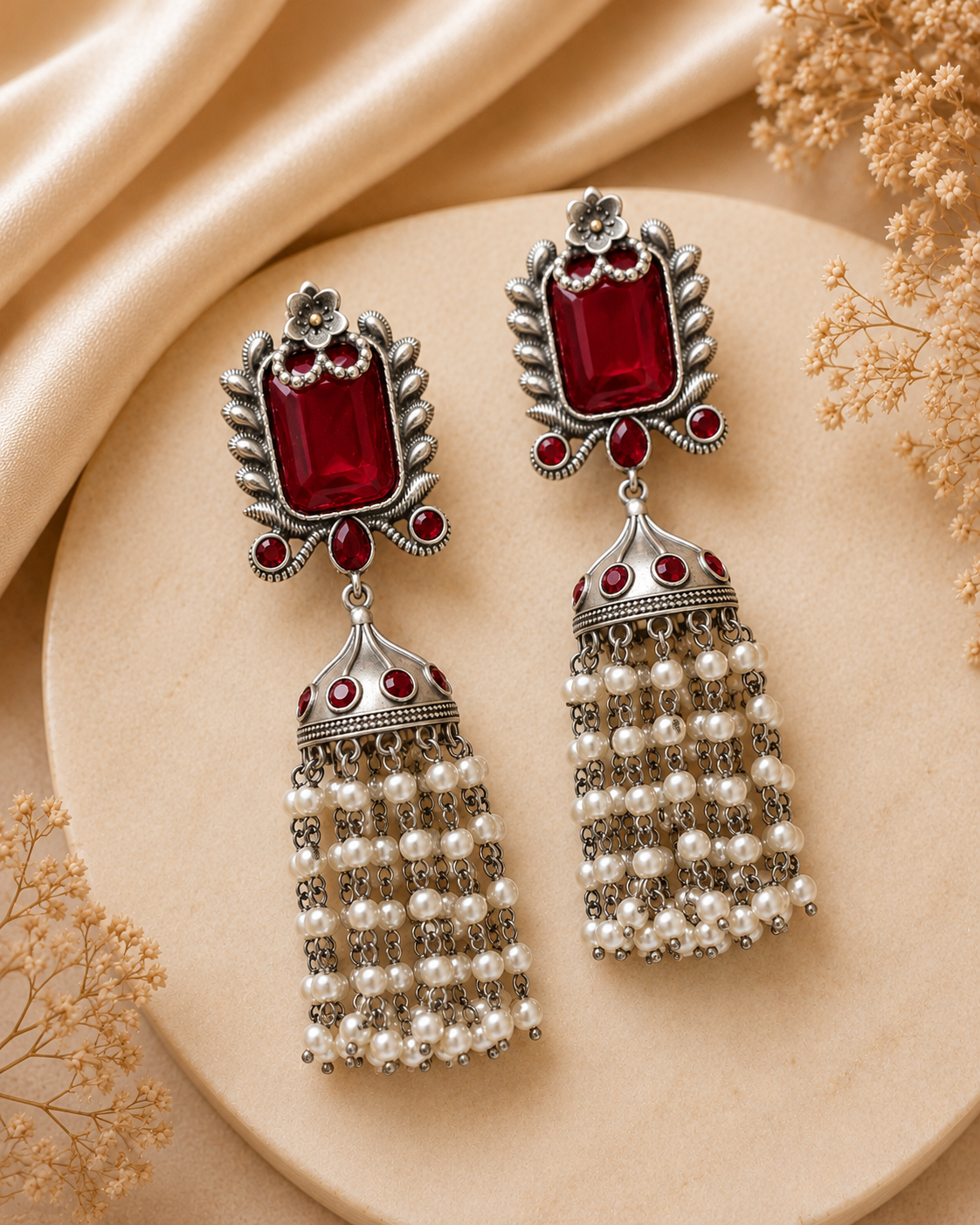 Oxidised Silver Black Onyx Pearl Tassel Earrings | OLT81