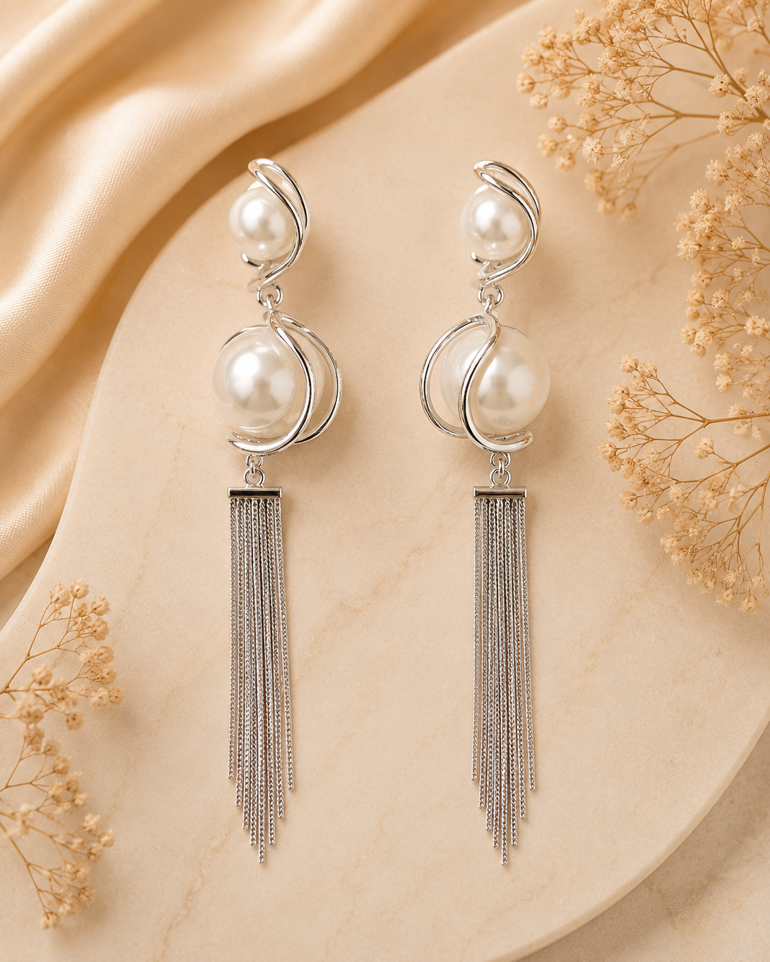 Silver Double Pearl Chain Tassel Drop Earrings | OLT77