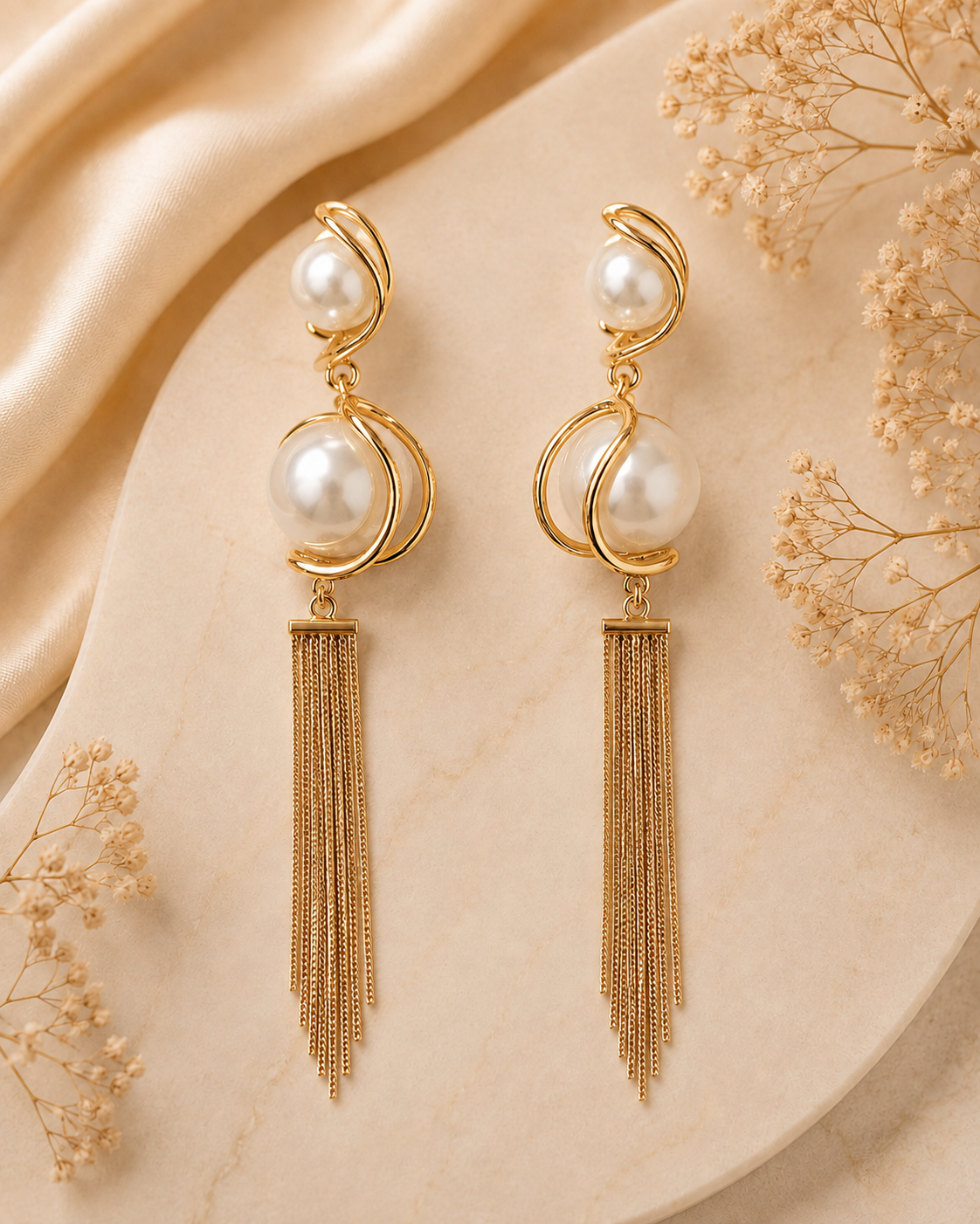 Silver Double Pearl Chain Tassel Drop Earrings | OLT77