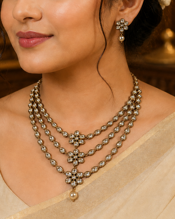 Antique Gold Triple-Strand Polki Kundan Oval Necklace Set with Floral Connectors |