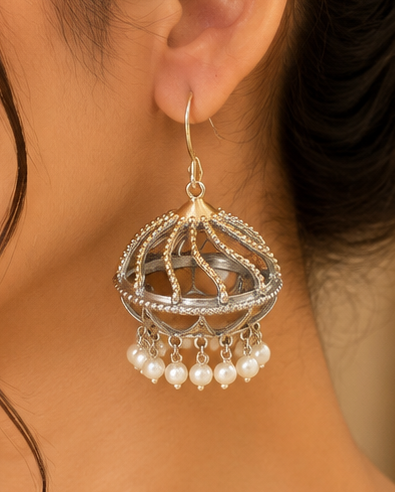 Dual Tone Open Cage Jhumka Earrings with Pearl Drops | OLT83