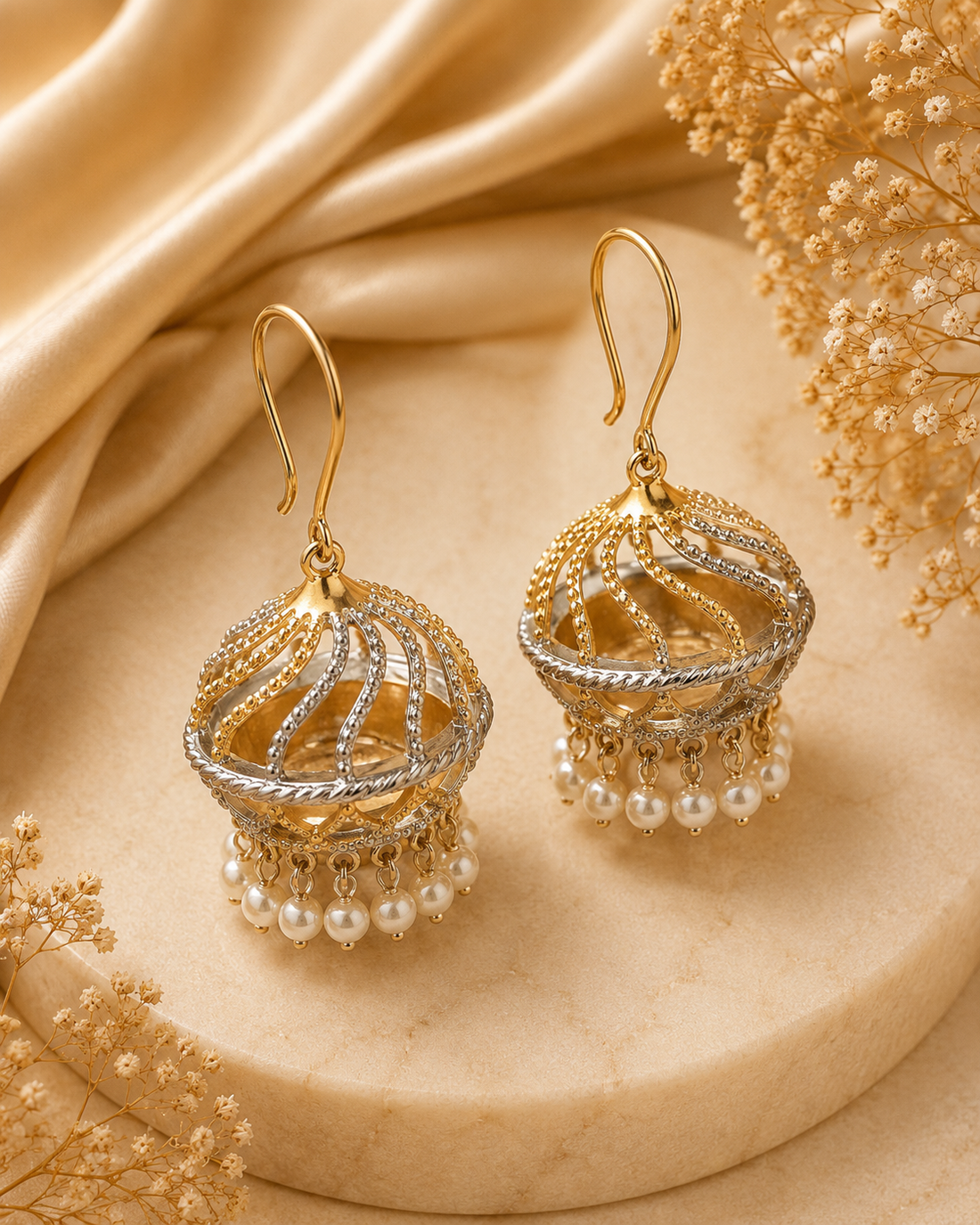 Dual Tone Open Cage Jhumka Earrings with Pearl Drops | OLT83
