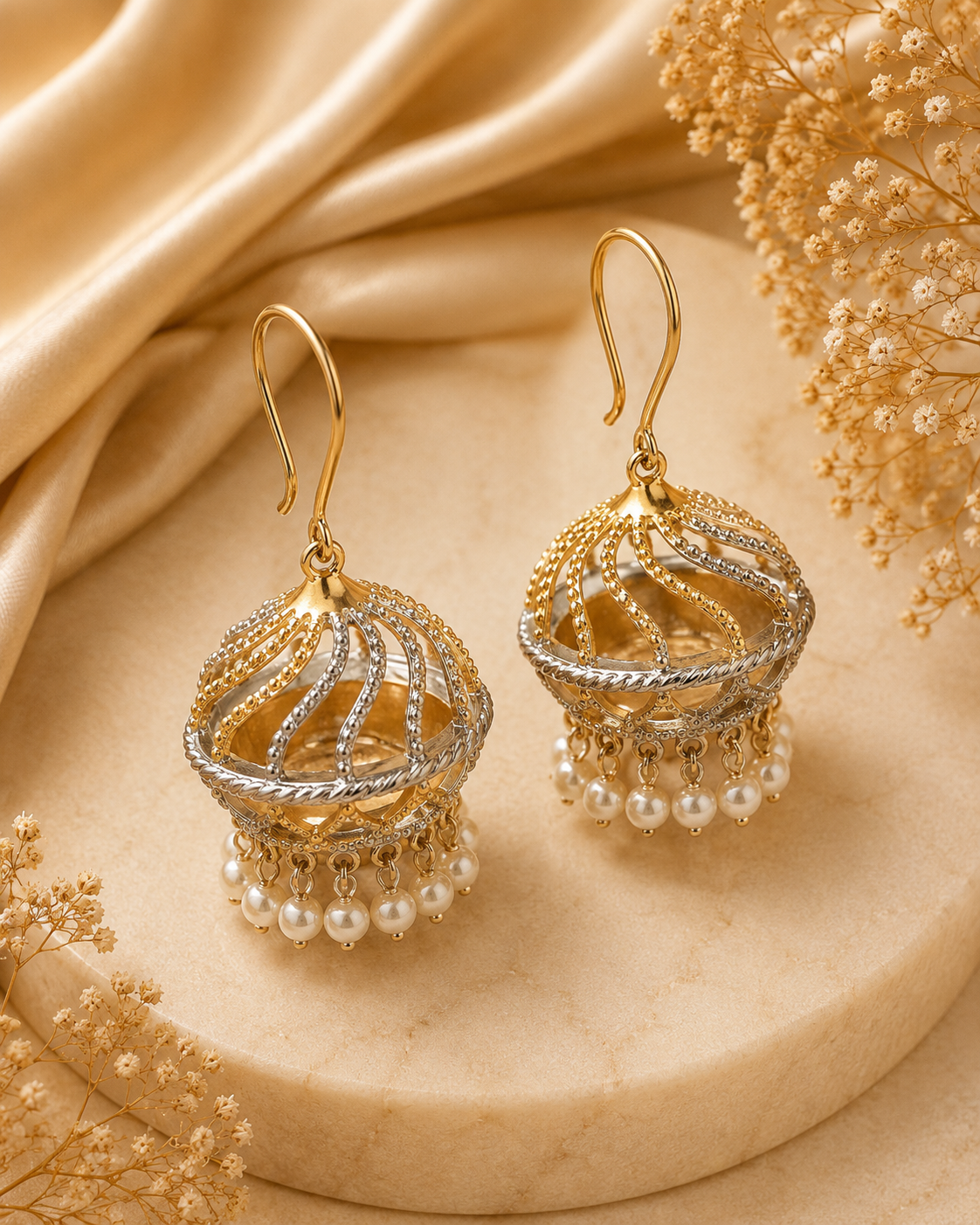 Dual Tone Open Cage Jhumka Earrings with Pearl Drops | OLT83