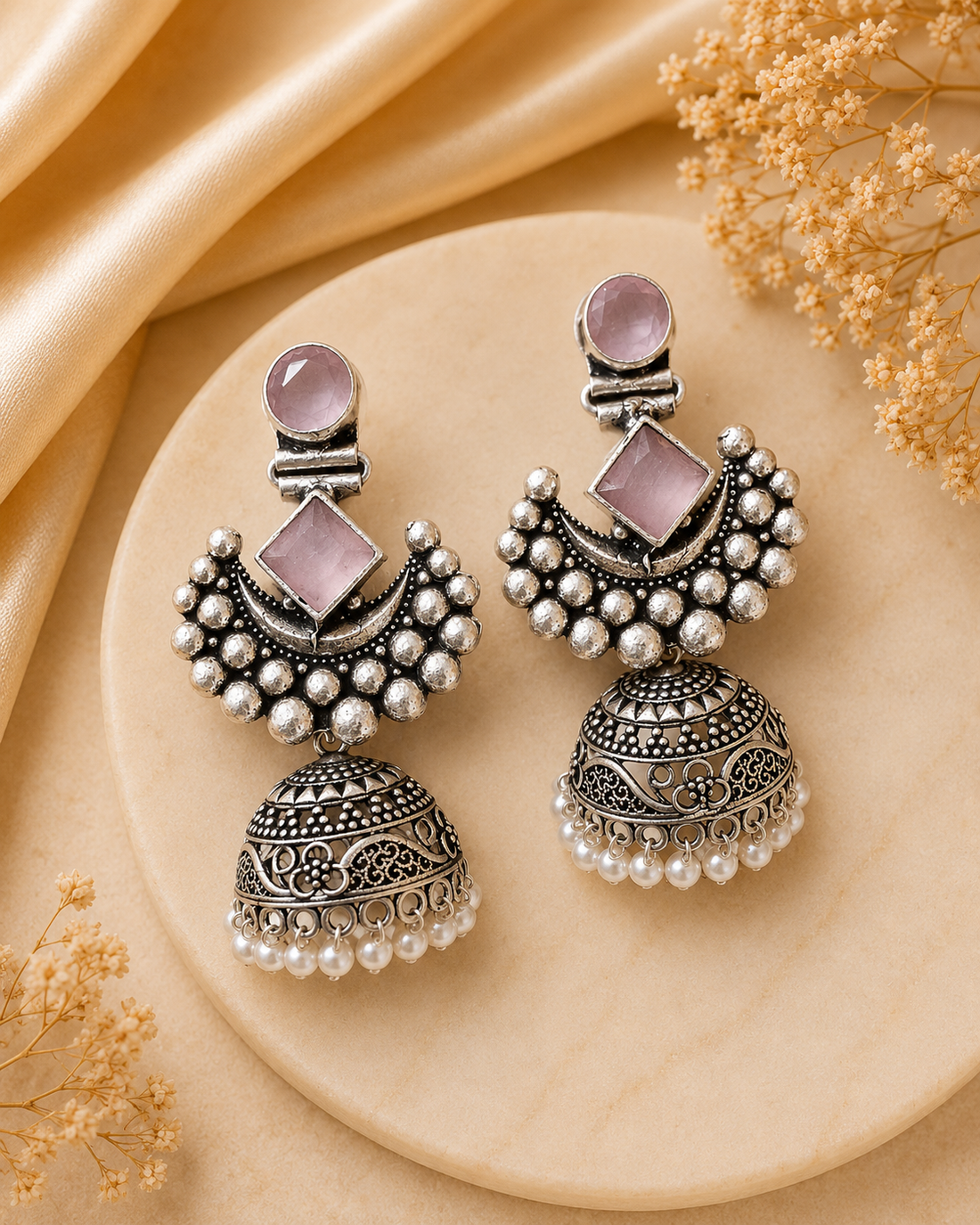 Oxidised Silver Rose Quartz Chandbali Jhumka Earrings | OLT79
