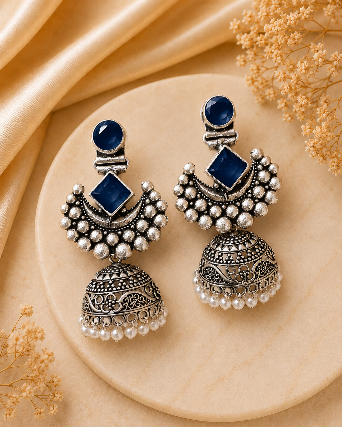 Oxidised Silver Rose Quartz Chandbali Jhumka Earrings | OLT79