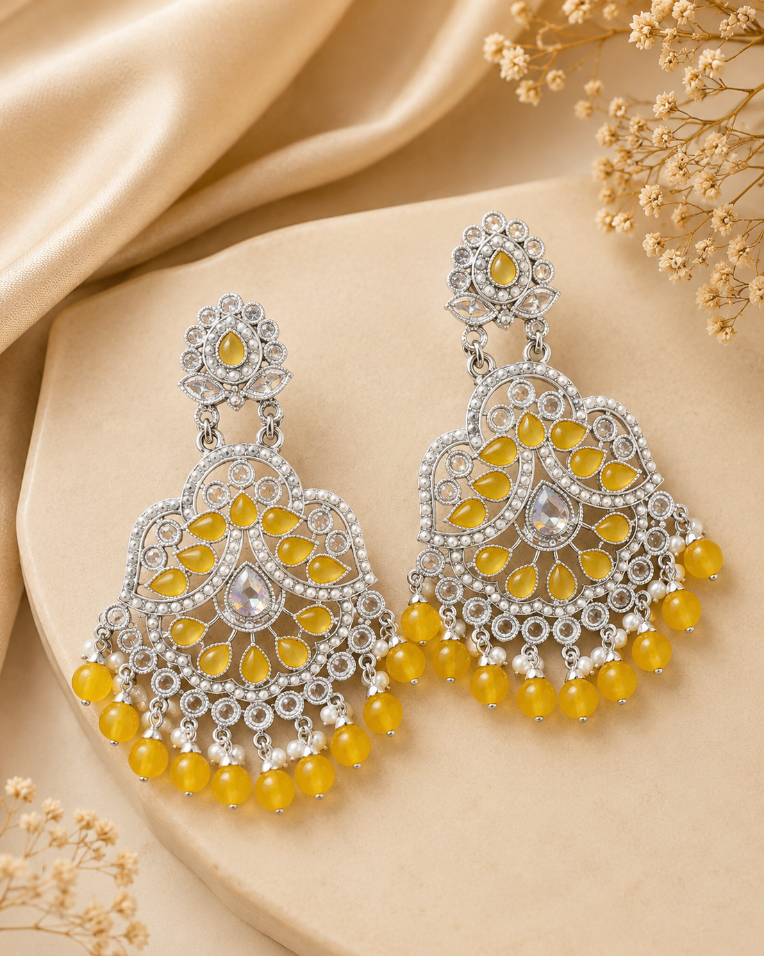 Silver Yellow Chalcedony Polki Chandbali Earrings | OLT142