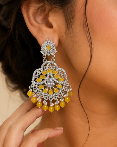 Silver Yellow Chalcedony Polki Chandbali Earrings | OLT142