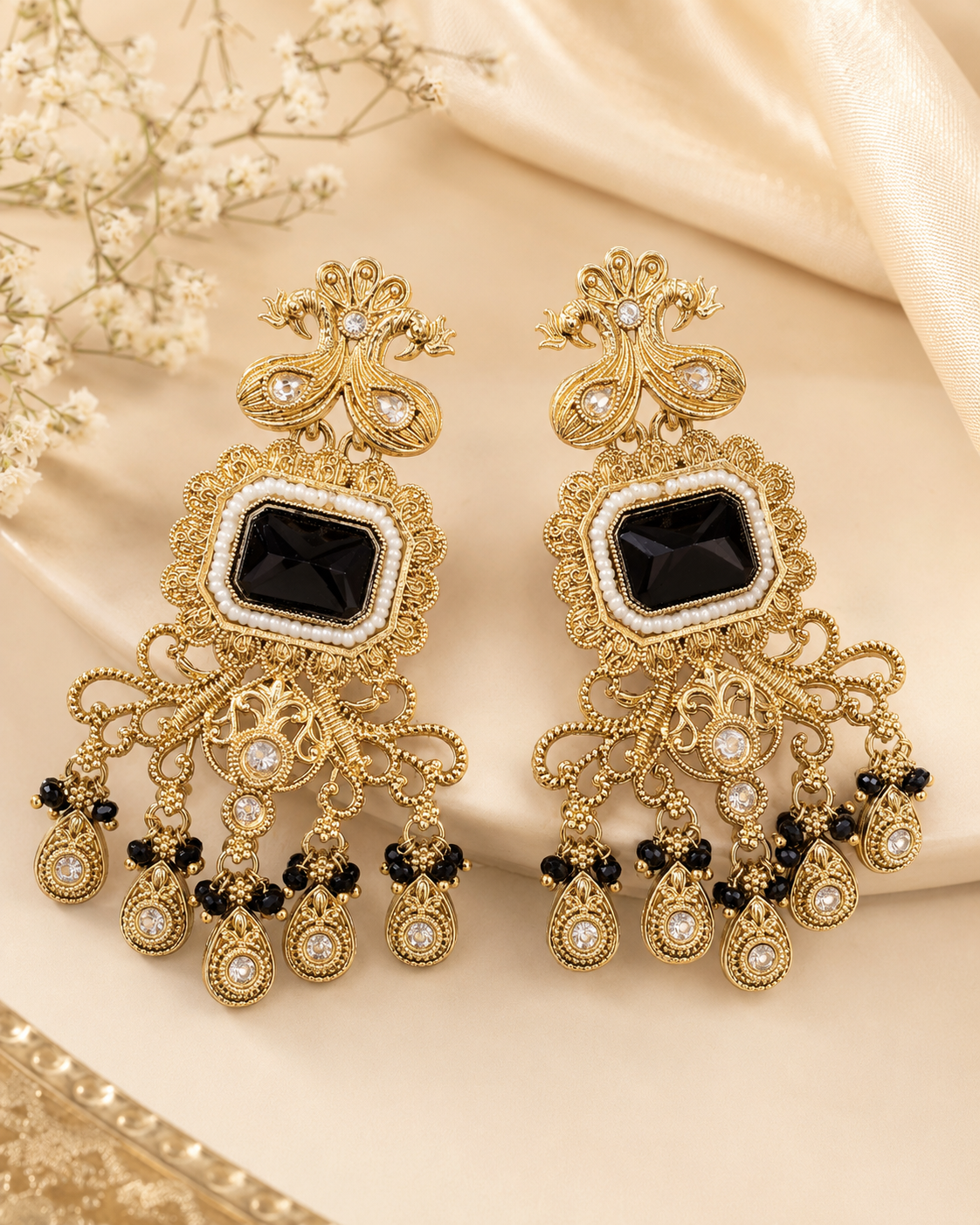 Antique Gold Black Onyx Filigree Chandelier Earrings | OLT137