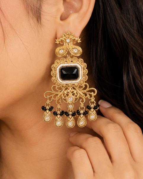 Antique Gold Black Onyx Filigree Chandelier Earrings | OLT137
