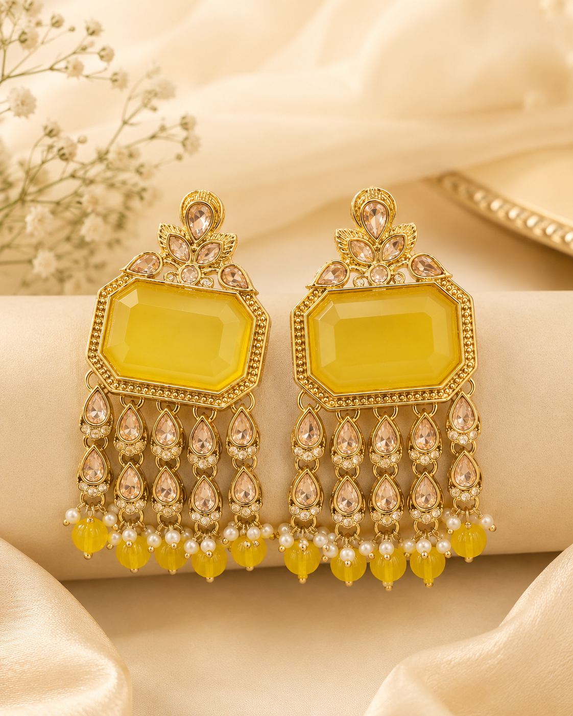 Antique Gold Yellow Chalcedony Polki Tassel Earrings | OLT146