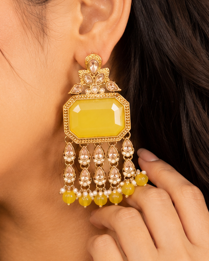 Antique Gold Yellow Chalcedony Polki Tassel Earrings | OLT146